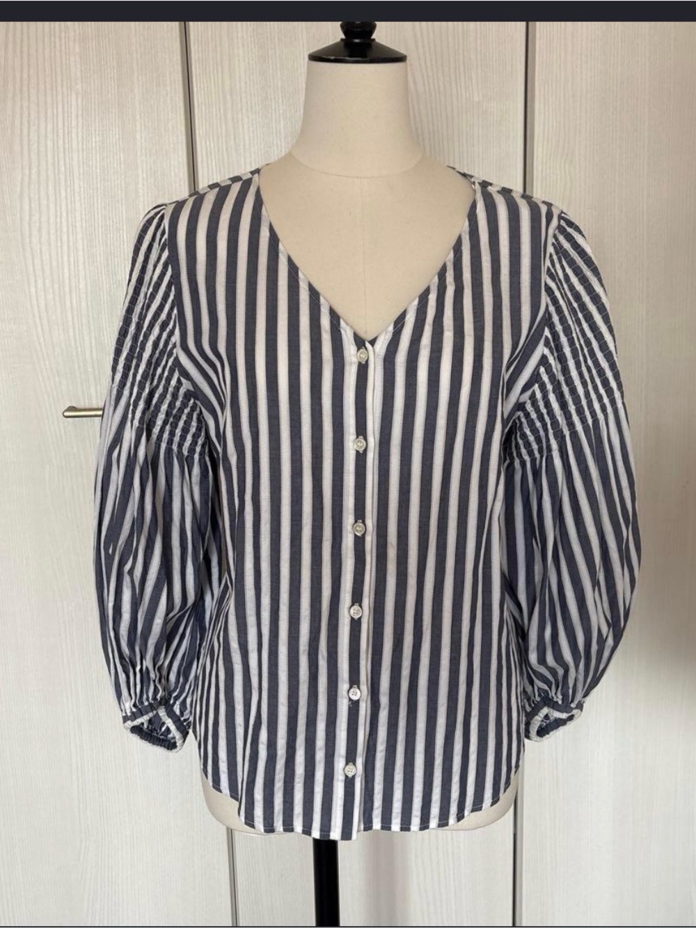 Striped V-Neck Button-Front Blouse - Navy & White